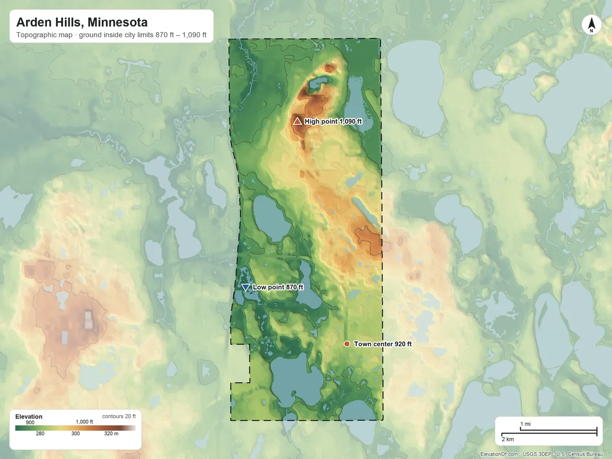 Topographic elevation map of Arden Hills, Minnesota, shaded from 870 ft on the northwest side to 1,090 ft on the north side