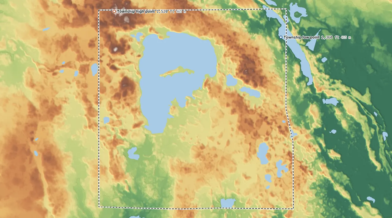 Topographic elevation map of Ardenhurst Township, Minnesota, shaded from 1,360 ft on the northeast side to 1,520 ft on the north side