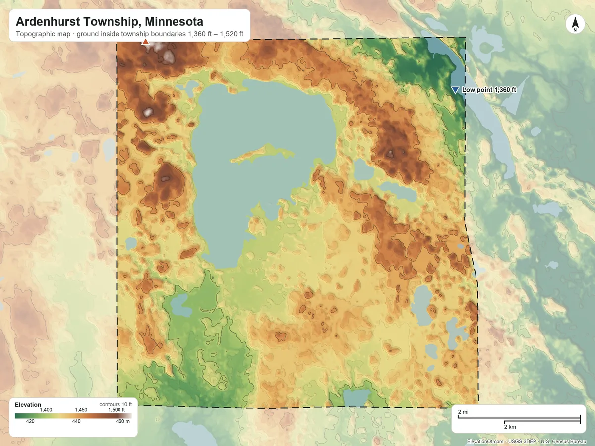Topographic elevation map of Ardenhurst Township, Minnesota, shaded from 1,360 ft on the northeast side to 1,520 ft on the north side