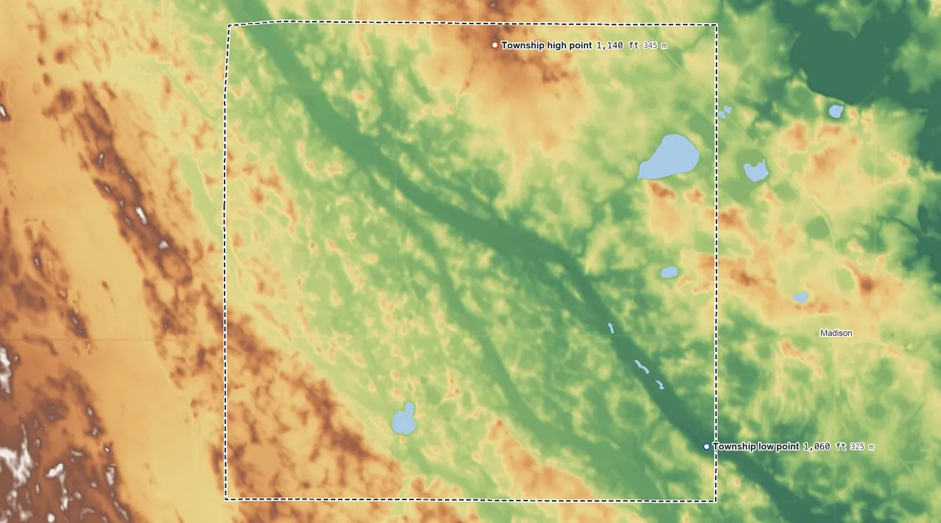 Topographic elevation map of Arena Township, Minnesota, shaded from 1,060 ft on the southeast side to 1,140 ft on the north side
