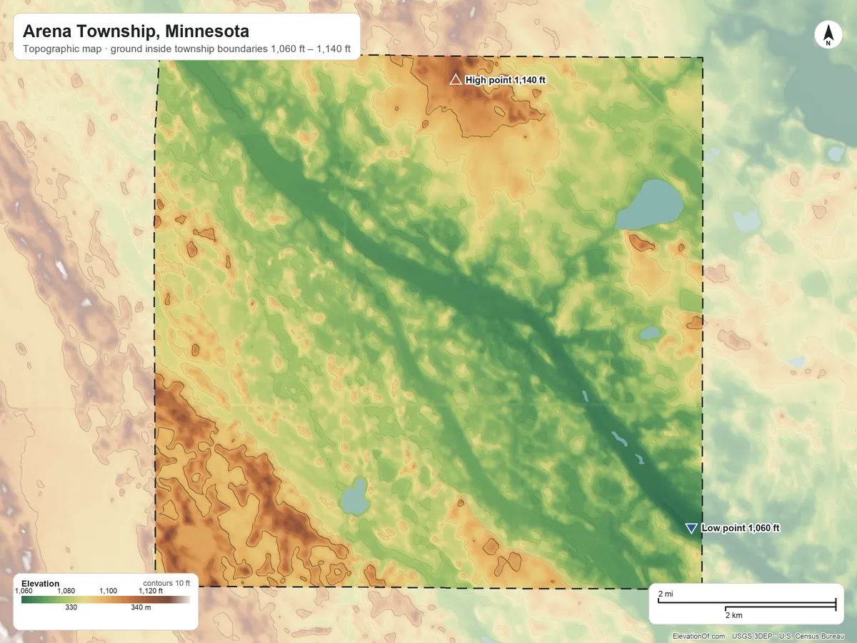 Topographic elevation map of Arena Township, Minnesota, shaded from 1,060 ft on the southeast side to 1,140 ft on the north side