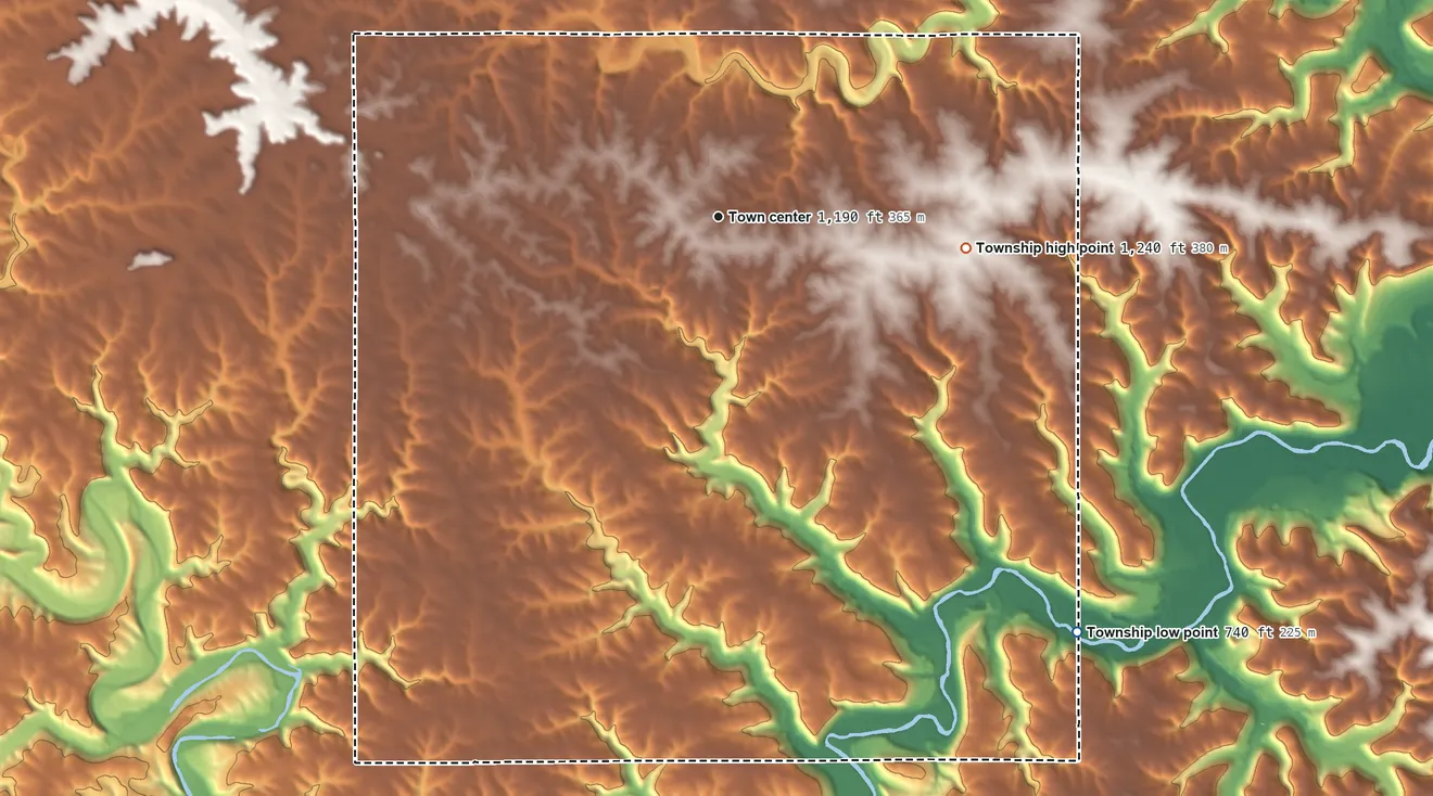 Topographic elevation map of Arendahl Township, Minnesota, shaded from 740 ft on the southeast side to 1,240 ft on the east side