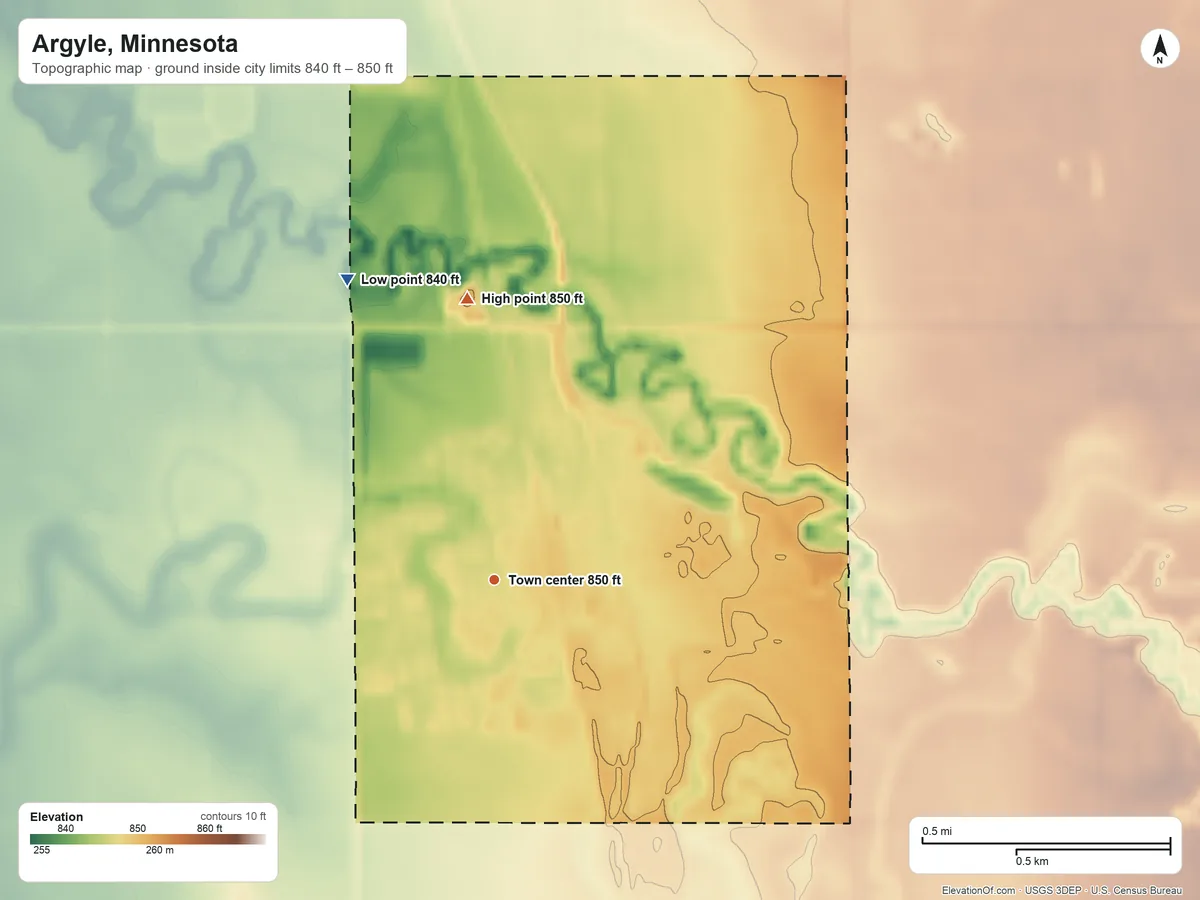Topographic elevation map of Argyle, Minnesota, shaded from 840 ft on the northwest side to 850 ft on the north side