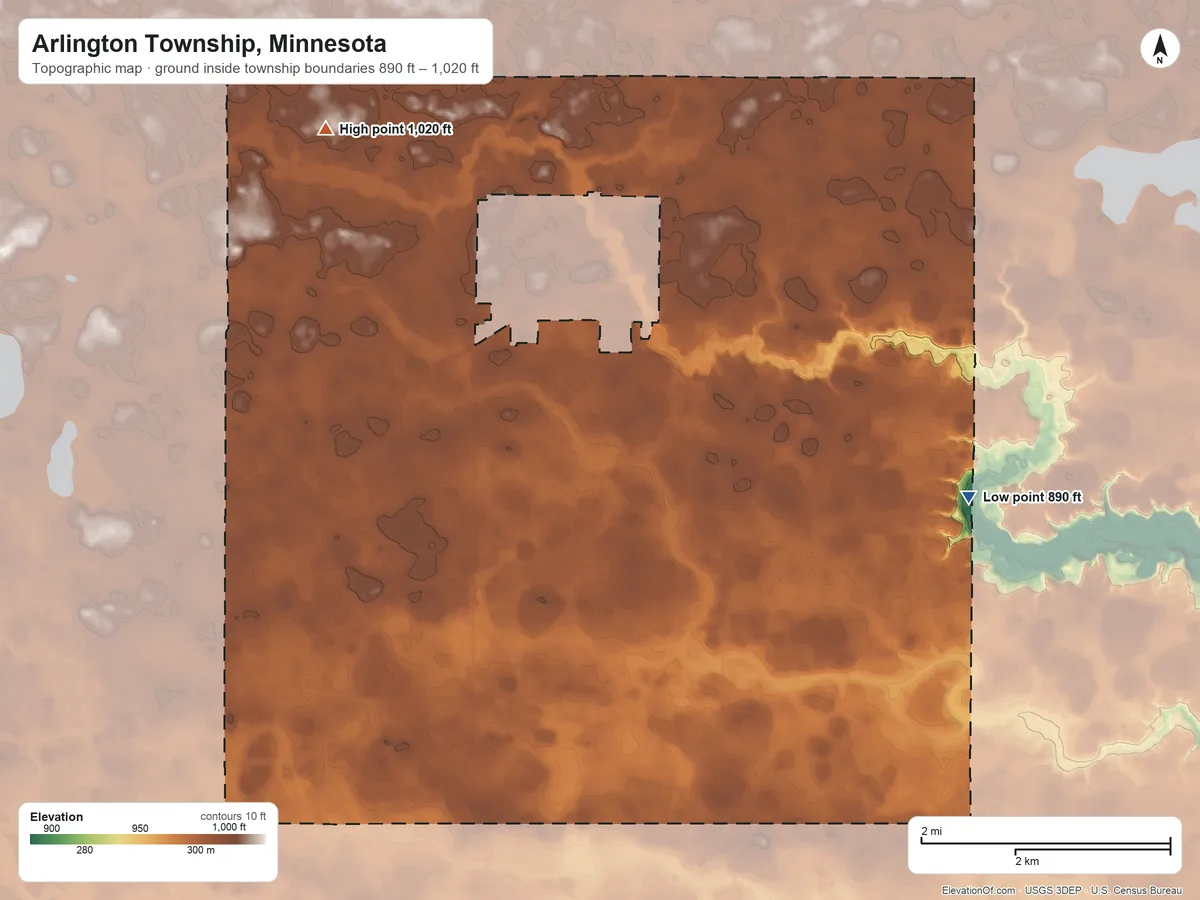 Topographic elevation map of Arlington Township, Minnesota, shaded from 890 ft on the east side to 1,020 ft on the northwest side