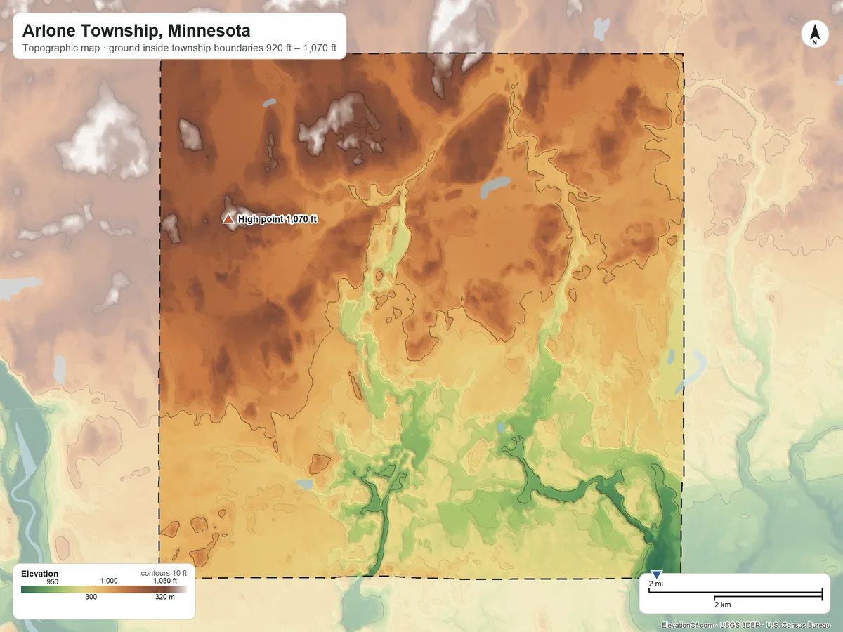 Topographic elevation map of Arlone Township, Minnesota, shaded from 920 ft on the southeast side to 1,070 ft on the northwest side