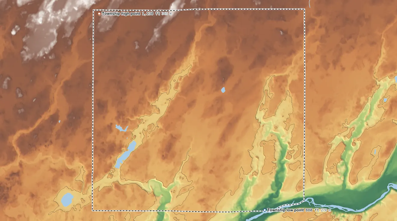 Topographic elevation map of Arna Township, Minnesota, shaded from 880 ft on the south side to 1,130 ft on the northwest side