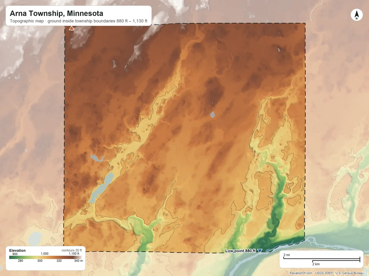 Topographic elevation map of Arna Township, Minnesota, shaded from 880 ft on the south side to 1,130 ft on the northwest side