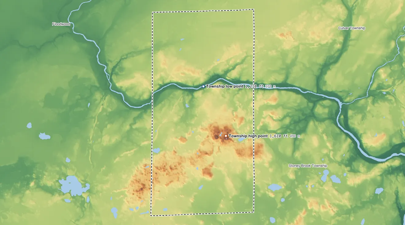 Topographic elevation map of Arrowhead Township, Minnesota, shaded from 1,210 ft near the middle to 1,610 ft on the southeast side