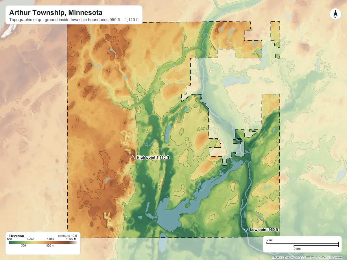Topographic elevation map of Arthur Township, Minnesota, shaded from 950 ft on the southeast side to 1,110 ft on the west side