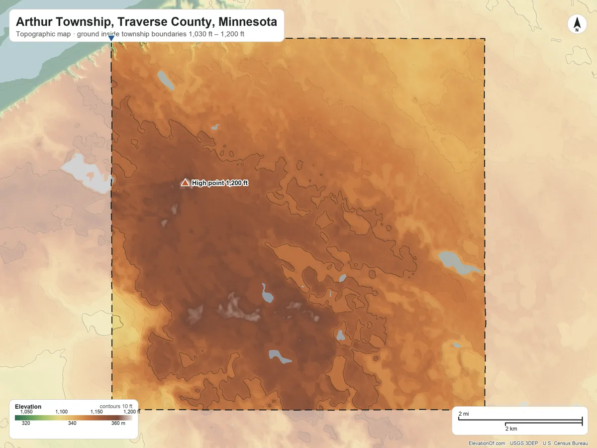Topographic elevation map of Arthur Township, Traverse County, Minnesota, shaded from 1,030 ft on the northwest side to 1,200 ft on the northwest side