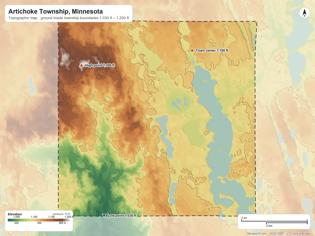 Topographic elevation map of Artichoke Township, Minnesota, shaded from 1,030 ft on the southwest side to 1,200 ft on the west side