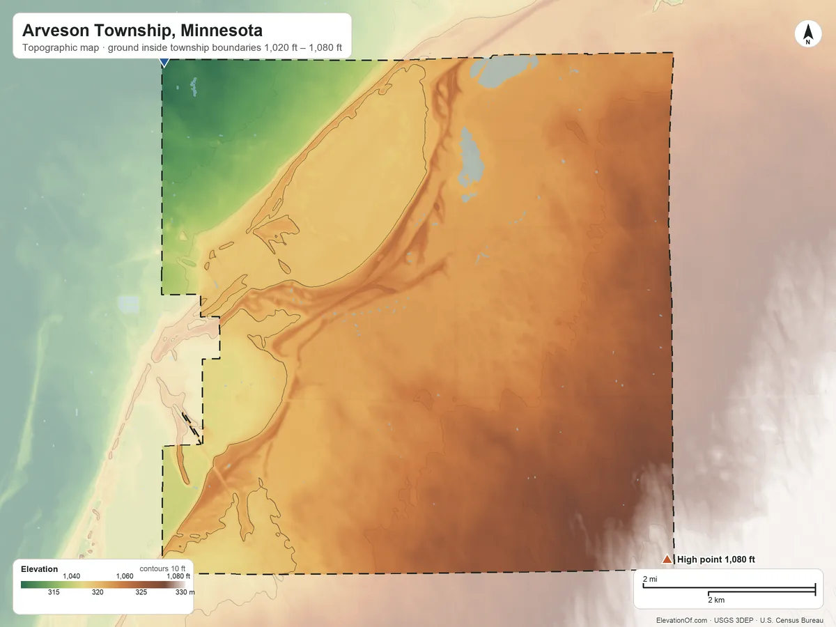 Topographic elevation map of Arveson Township, Minnesota, shaded from 1,020 ft on the northwest side to 1,080 ft on the southeast side