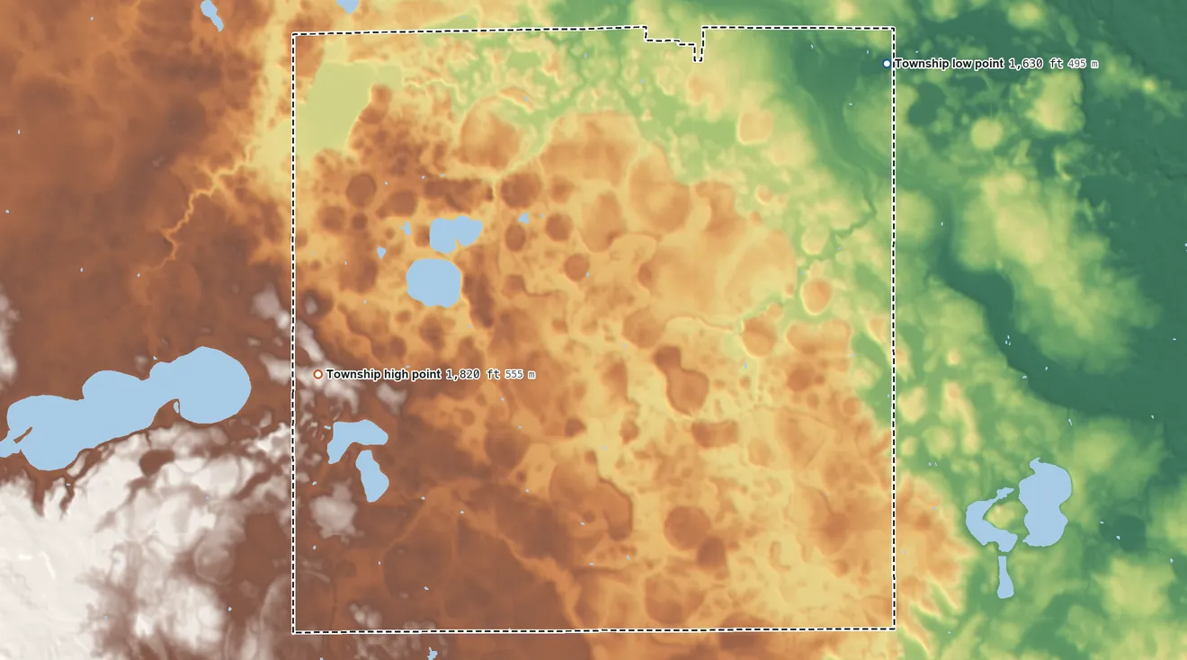 Topographic elevation map of Ash Lake Township, Minnesota, shaded from 1,630 ft on the northeast side to 1,820 ft on the west side