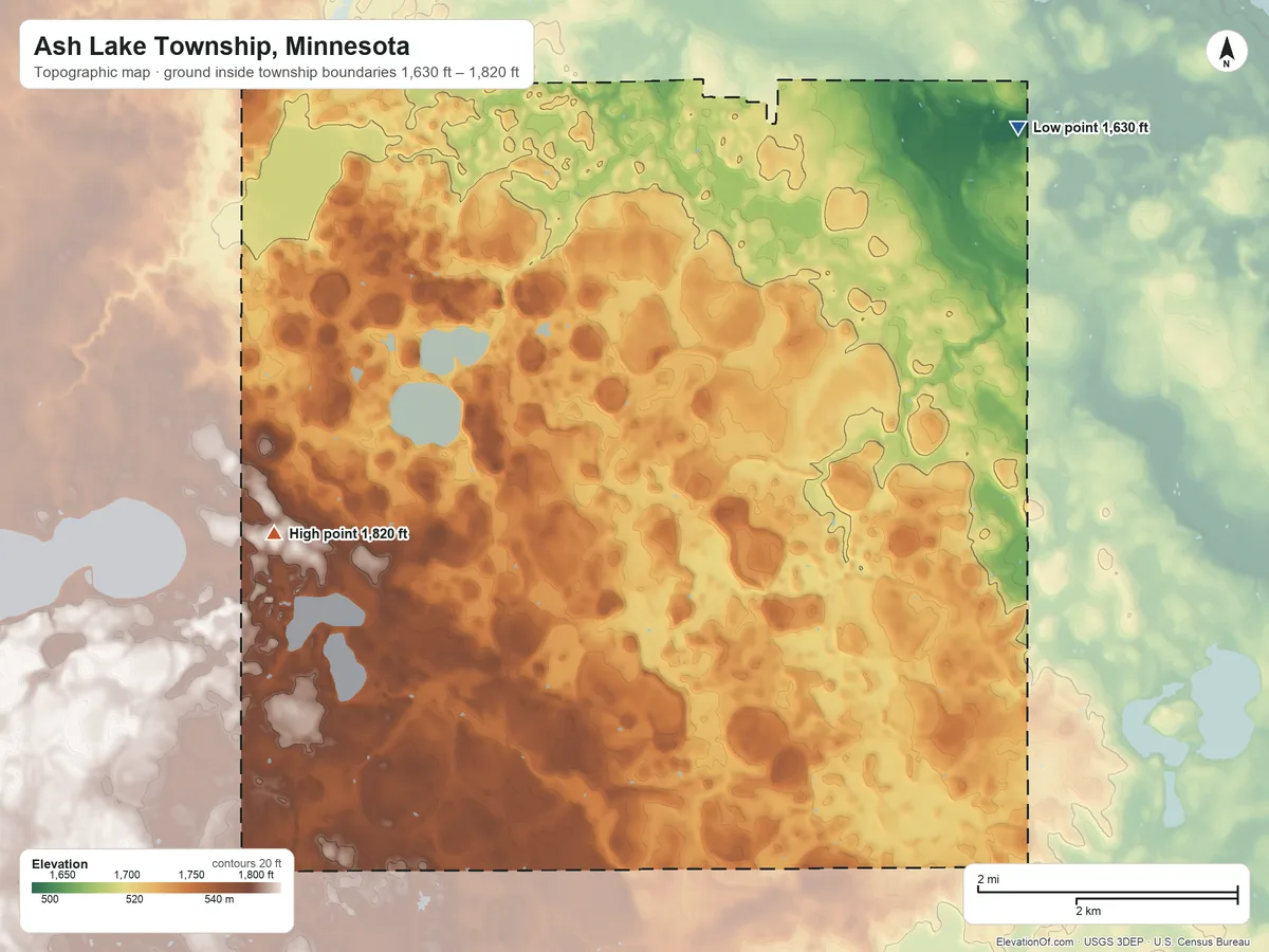 Topographic elevation map of Ash Lake Township, Minnesota, shaded from 1,630 ft on the northeast side to 1,820 ft on the west side