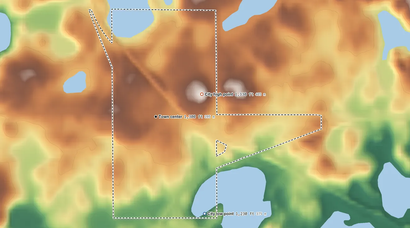 Topographic elevation map of Ashby, Minnesota, shaded from 1,230 ft on the southeast side to 1,330 ft on the northeast side