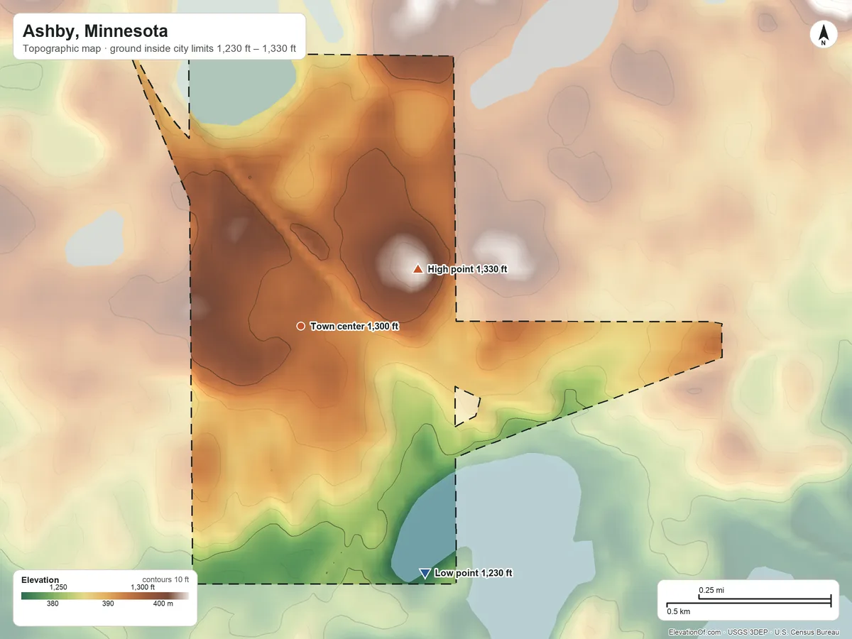 Topographic elevation map of Ashby, Minnesota, shaded from 1,230 ft on the southeast side to 1,330 ft on the northeast side