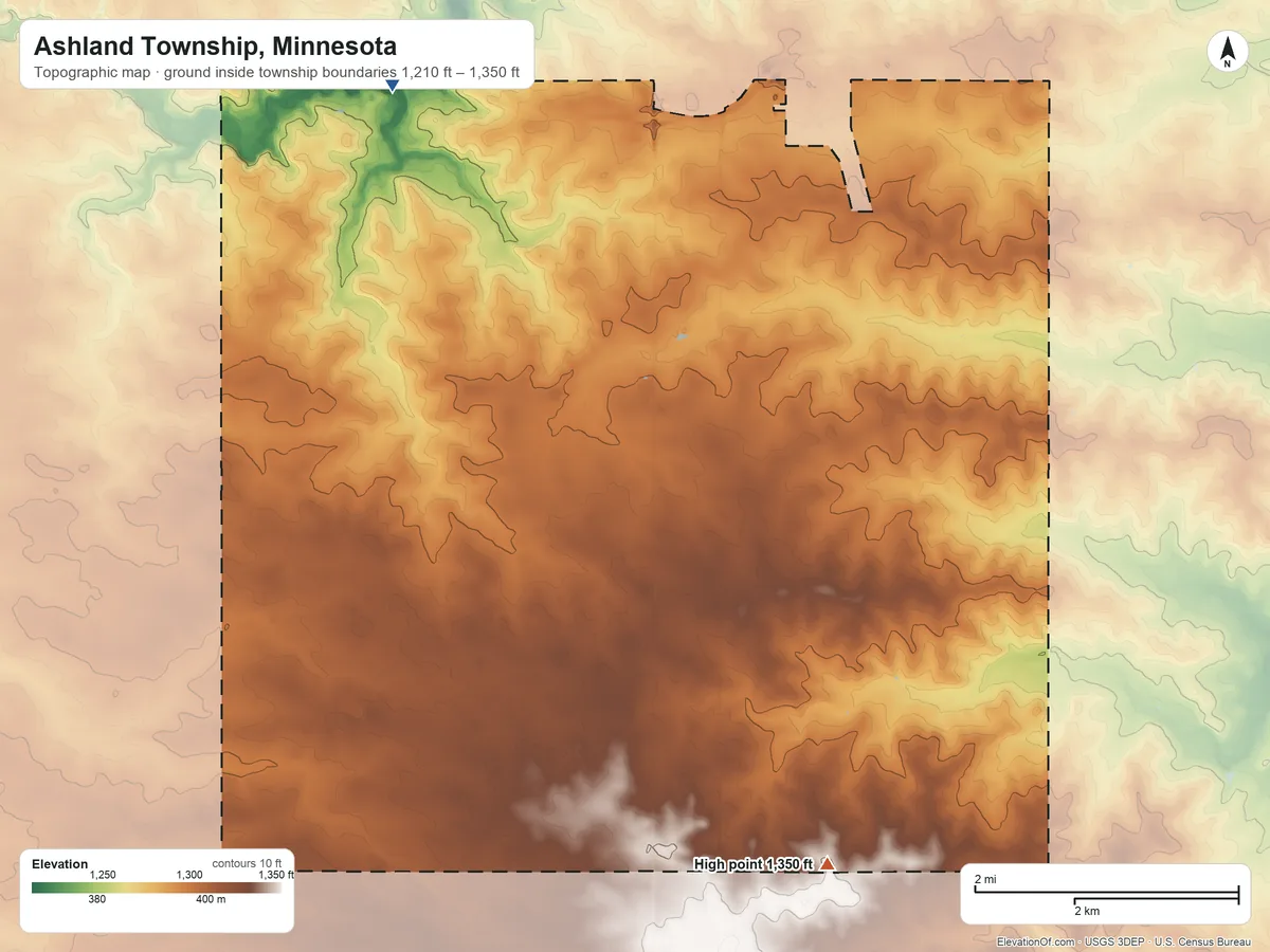 Topographic elevation map of Ashland Township, Minnesota, shaded from 1,210 ft on the northwest side to 1,350 ft on the south side