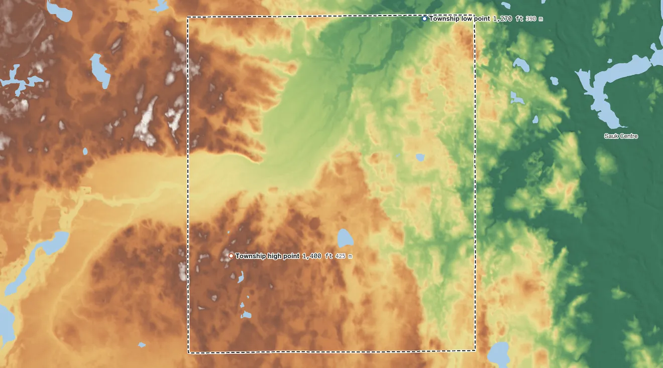Topographic elevation map of Ashley Township, Minnesota, shaded from 1,270 ft on the northeast side to 1,400 ft on the southwest side