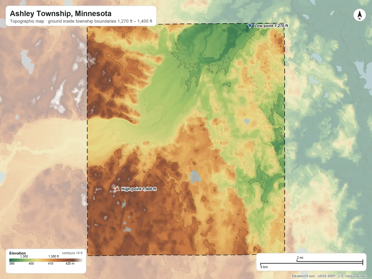 Topographic elevation map of Ashley Township, Minnesota, shaded from 1,270 ft on the northeast side to 1,400 ft on the southwest side