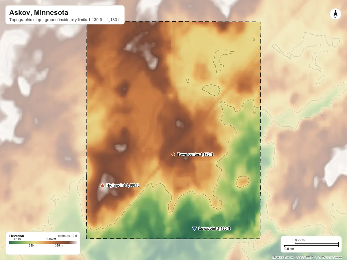 Topographic elevation map of Askov, Minnesota, shaded from 1,130 ft on the south side to 1,180 ft on the southwest side
