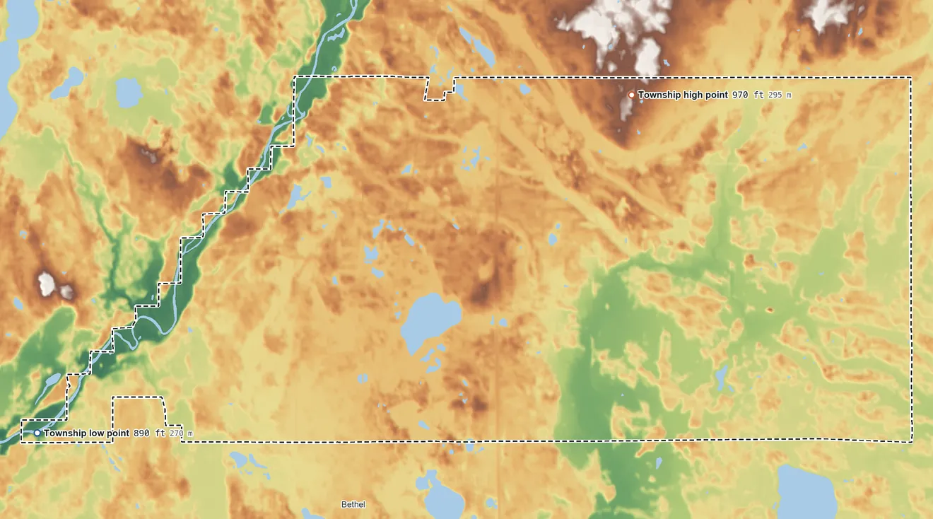 Topographic elevation map of Athens Township, Minnesota, shaded from 890 ft on the west side to 970 ft on the northeast side