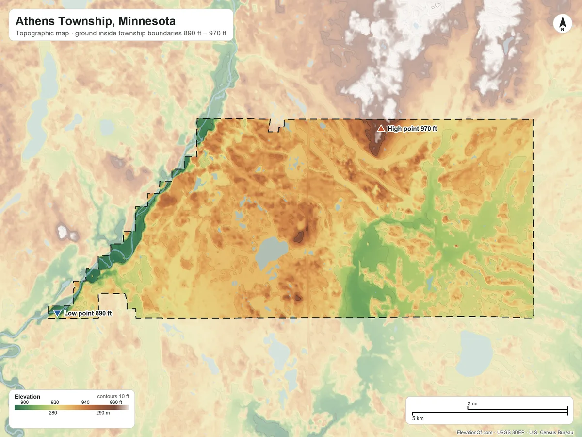 Topographic elevation map of Athens Township, Minnesota, shaded from 890 ft on the west side to 970 ft on the northeast side