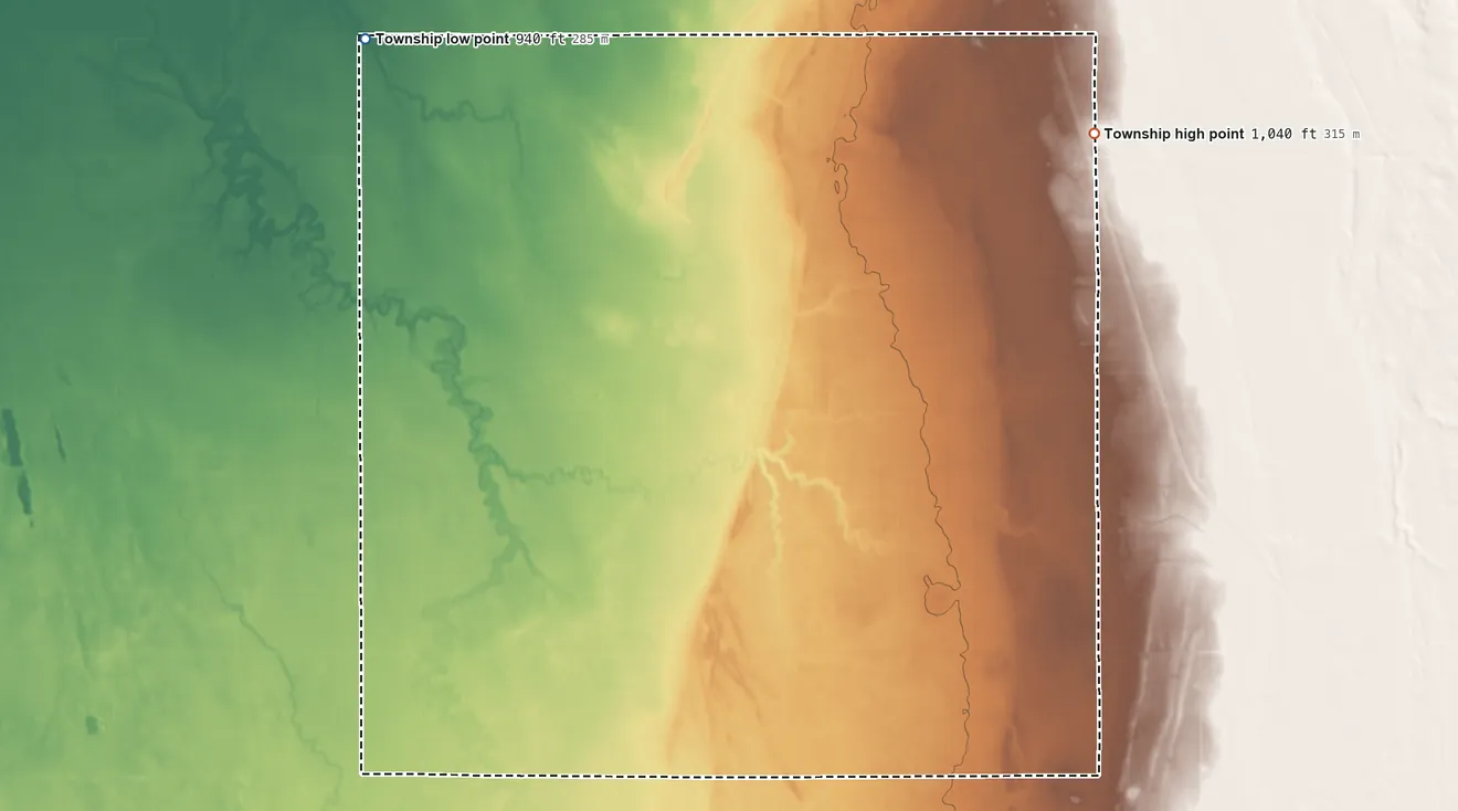 Topographic elevation map of Atherton Township, Minnesota, shaded from 940 ft on the northwest side to 1,040 ft on the northeast side