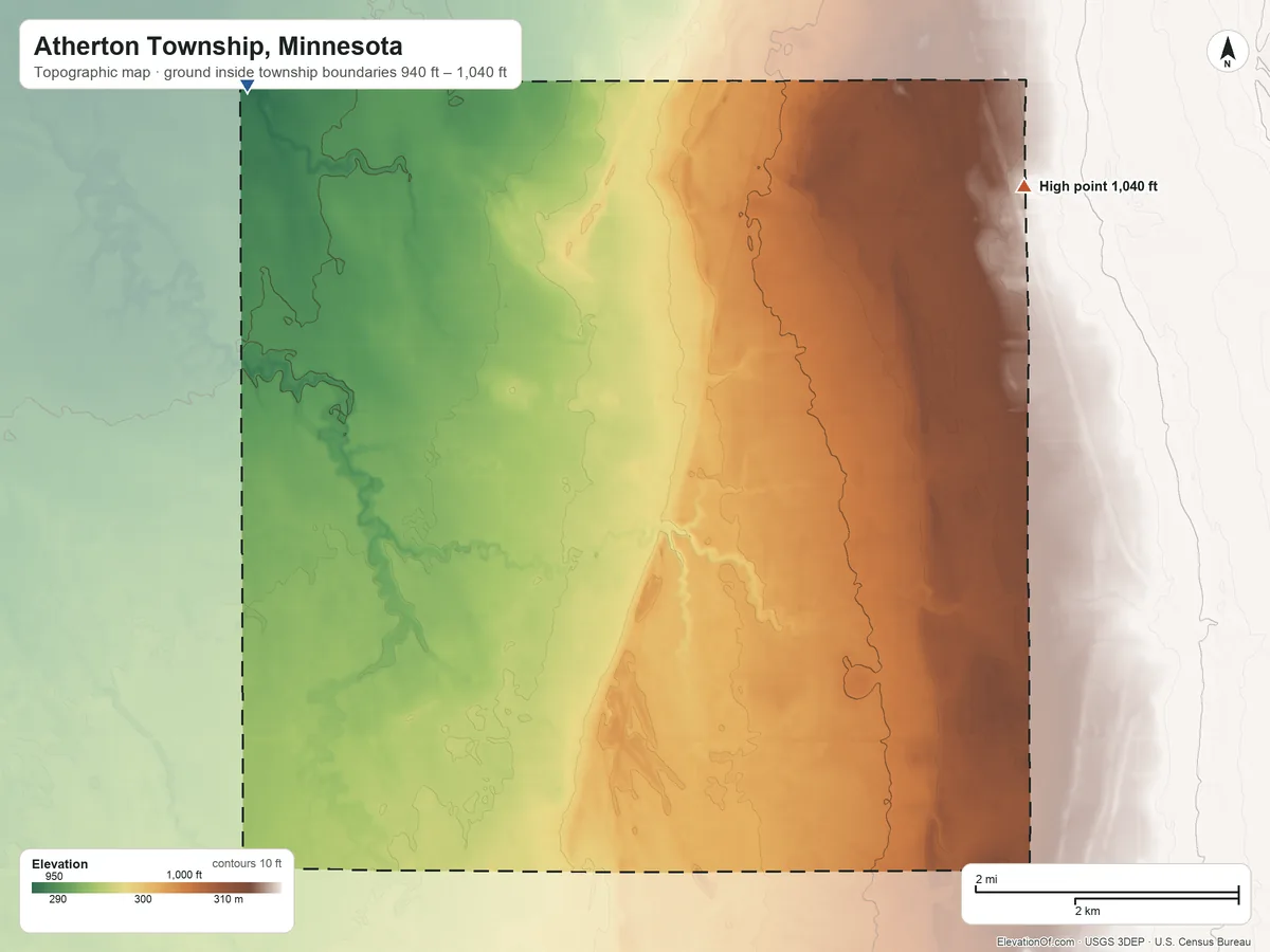 Topographic elevation map of Atherton Township, Minnesota, shaded from 940 ft on the northwest side to 1,040 ft on the northeast side