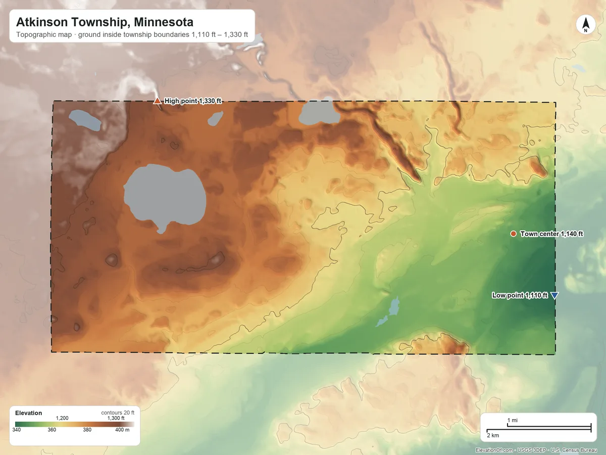 Topographic elevation map of Atkinson Township, Minnesota, shaded from 1,110 ft on the southeast side to 1,330 ft on the west side