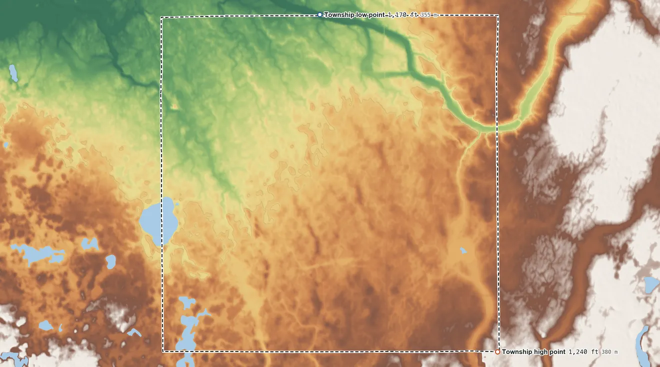 Topographic elevation map of Atlanta Township, Minnesota, shaded from 1,170 ft on the north side to 1,240 ft on the southeast side