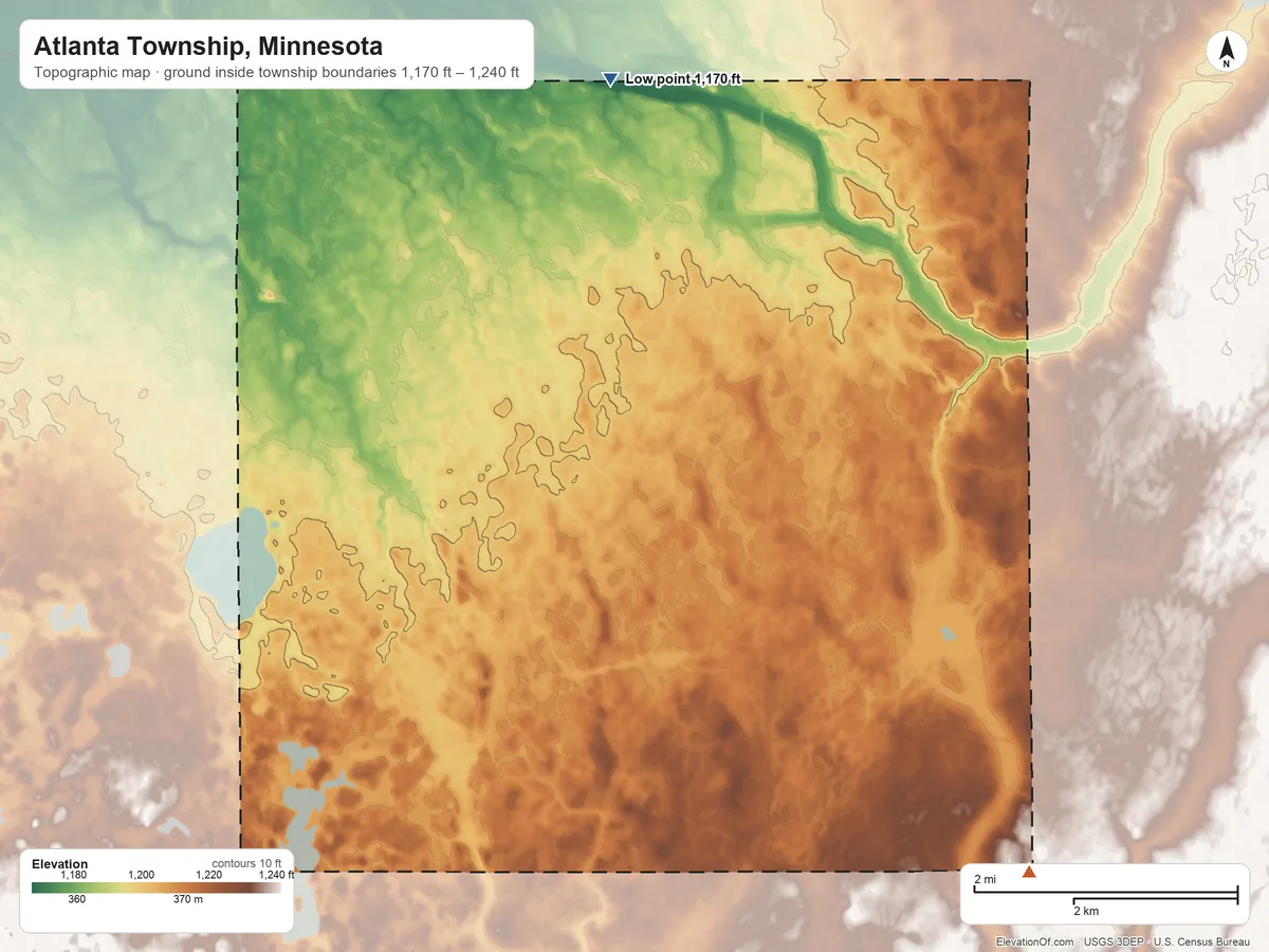 Topographic elevation map of Atlanta Township, Minnesota, shaded from 1,170 ft on the north side to 1,240 ft on the southeast side
