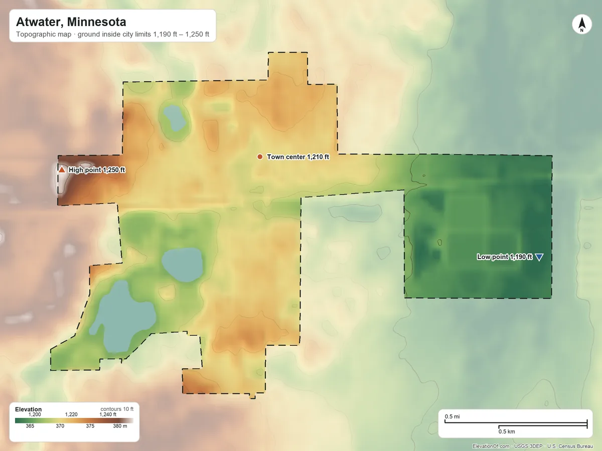 Topographic elevation map of Atwater, Minnesota, shaded from 1,190 ft on the east side to 1,250 ft on the west side