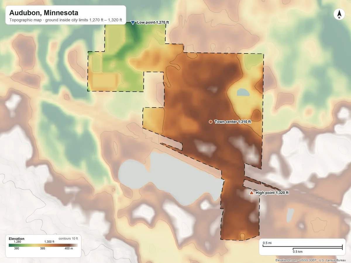 Topographic elevation map of Audubon, Minnesota, shaded from 1,270 ft on the northwest side to 1,320 ft on the southeast side