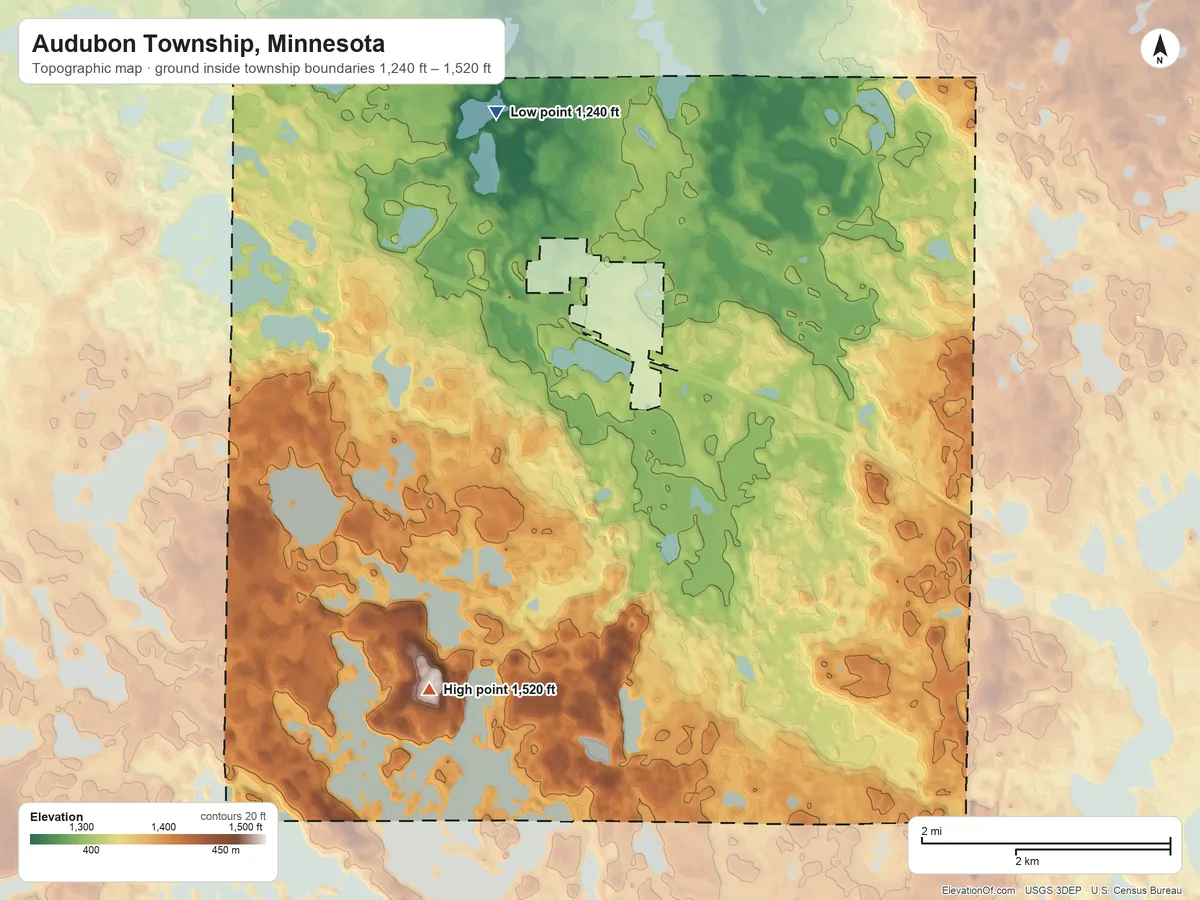 Topographic elevation map of Audubon Township, Minnesota, shaded from 1,240 ft on the north side to 1,520 ft on the southwest side