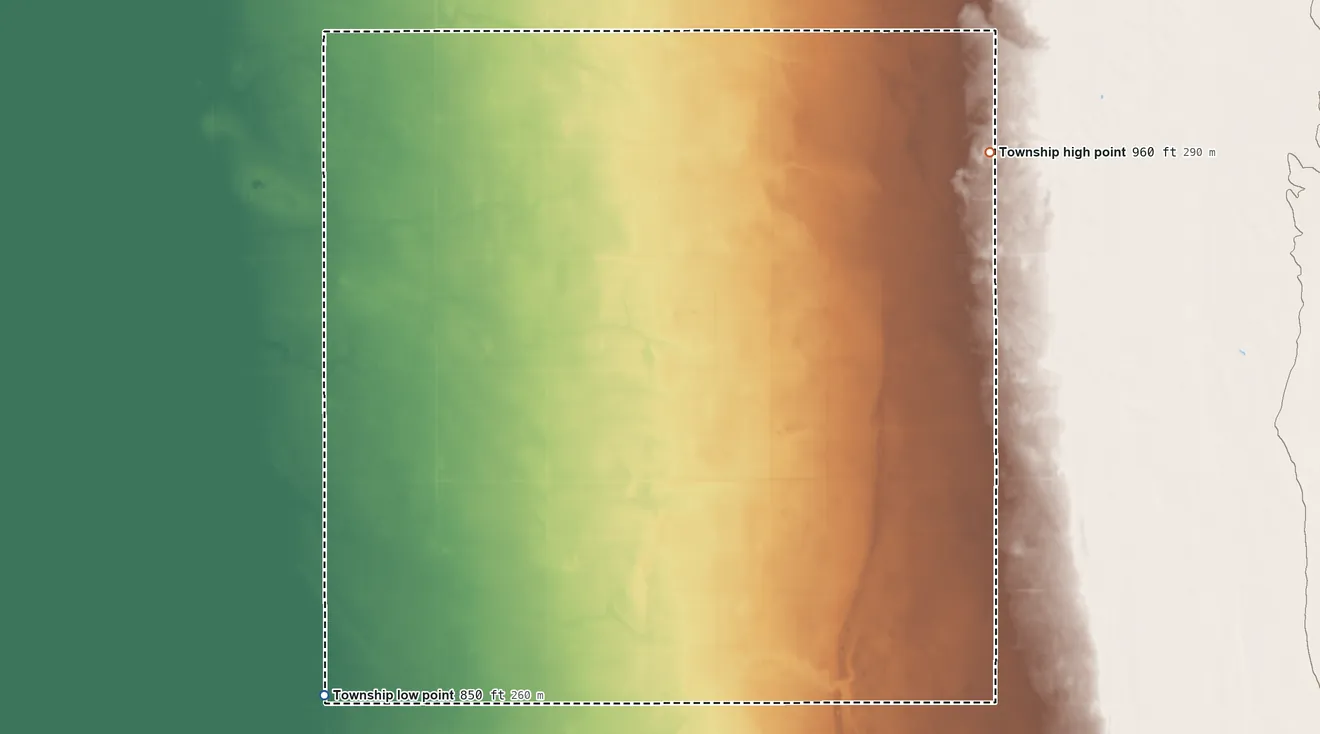 Topographic elevation map of Augsburg Township, Minnesota, shaded from 850 ft on the west side to 960 ft on the northeast side