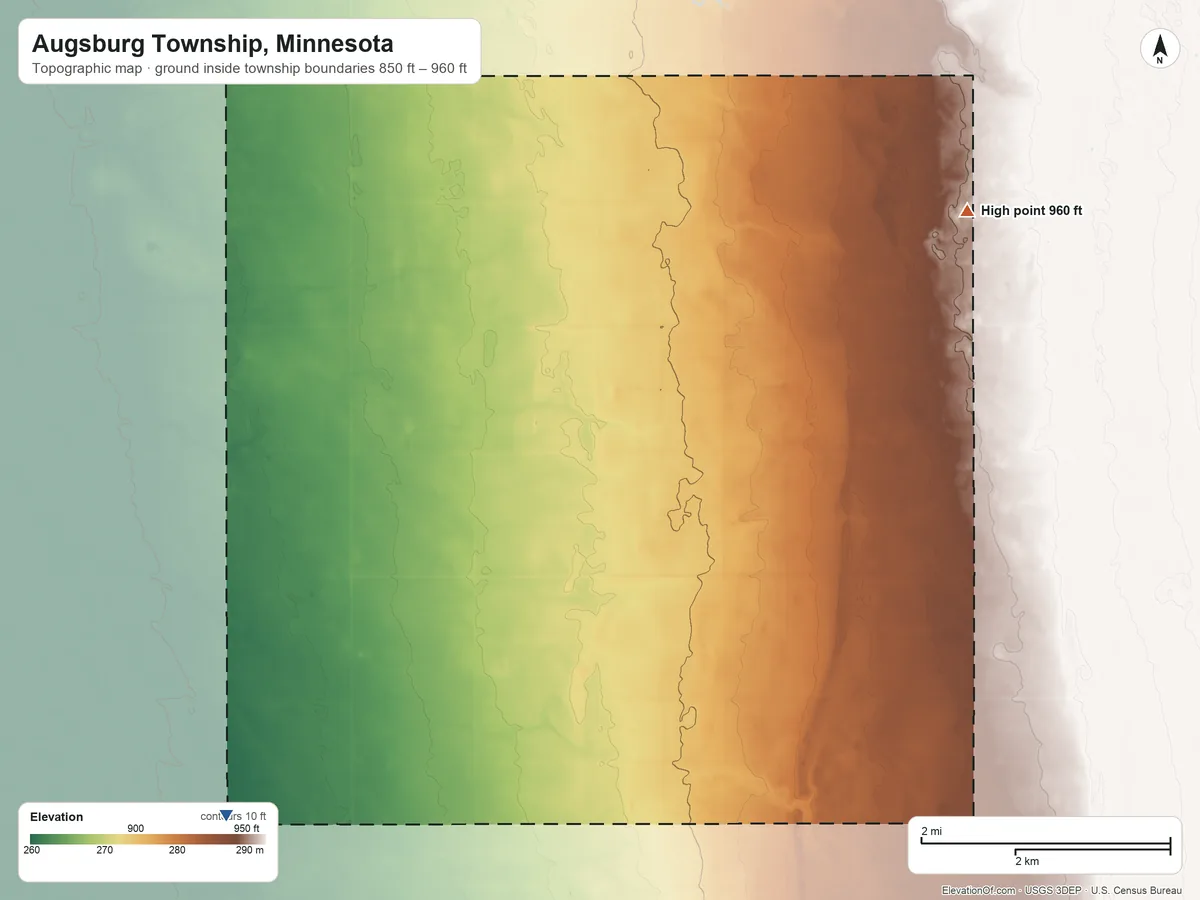 Topographic elevation map of Augsburg Township, Minnesota, shaded from 850 ft on the west side to 960 ft on the northeast side