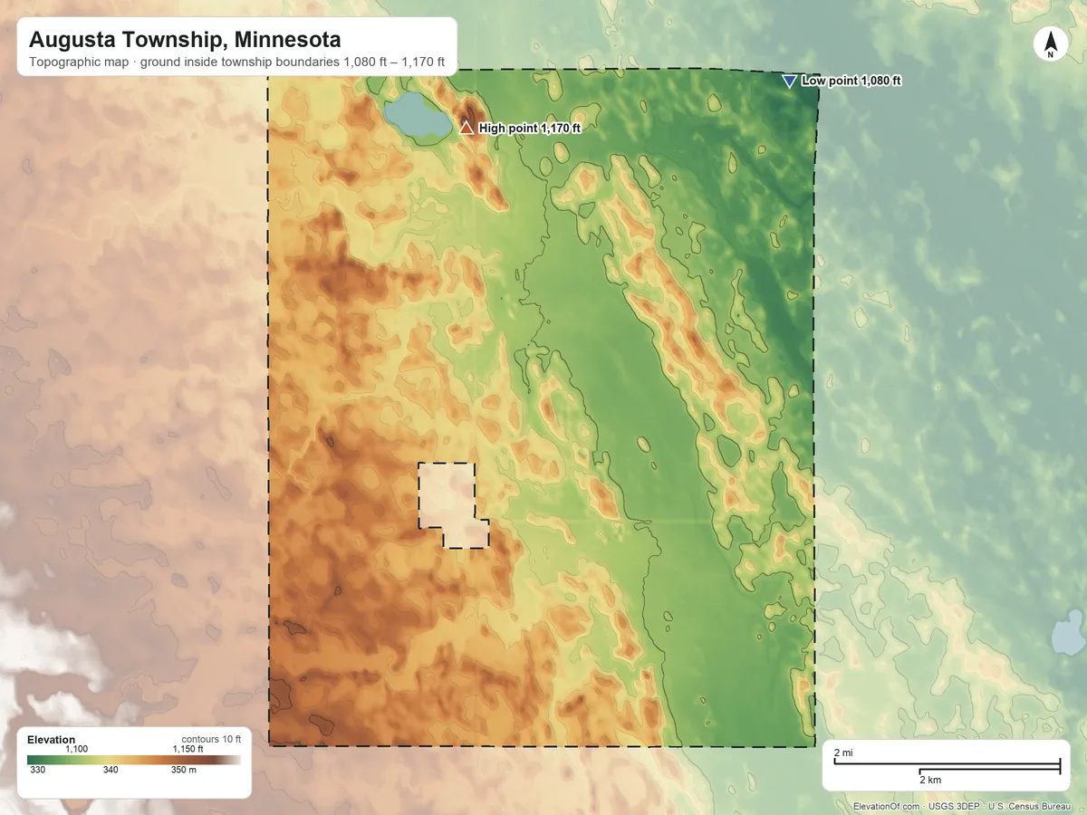Topographic elevation map of Augusta Township, Minnesota, shaded from 1,080 ft on the northeast side to 1,170 ft on the north side