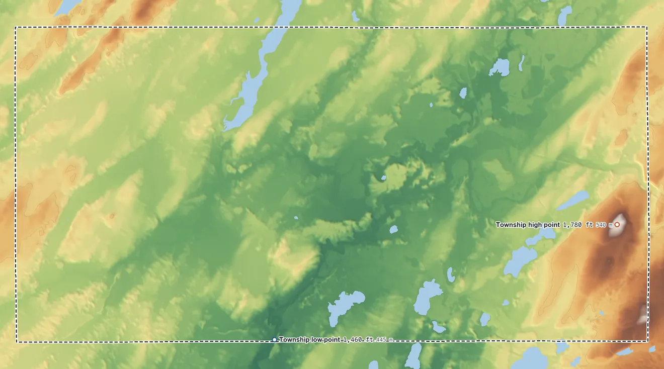 Topographic elevation map of Ault Township, Minnesota, shaded from 1,460 ft on the southwest side to 1,780 ft on the southeast side