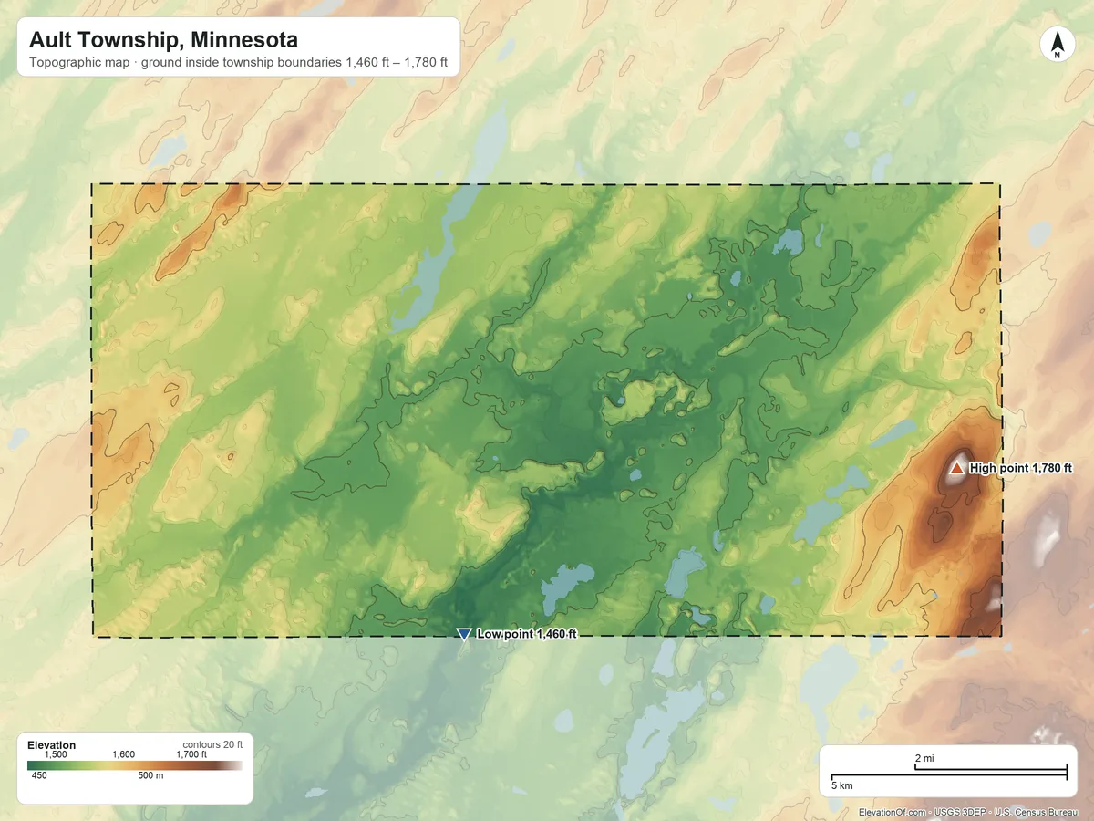 Topographic elevation map of Ault Township, Minnesota, shaded from 1,460 ft on the southwest side to 1,780 ft on the southeast side