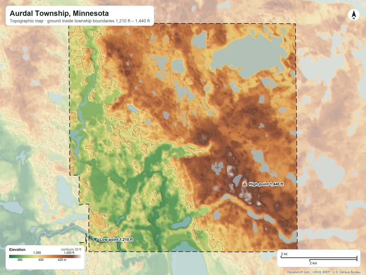 Topographic elevation map of Aurdal Township, Minnesota, shaded from 1,210 ft on the southwest side to 1,440 ft on the east side