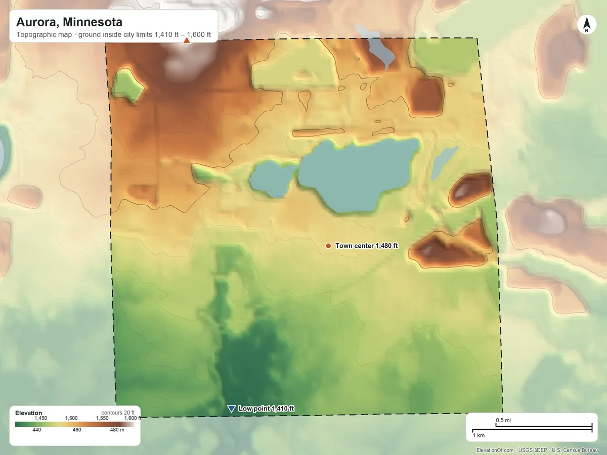 Topographic elevation map of Aurora, Minnesota, shaded from 1,410 ft on the southwest side to 1,600 ft on the northwest side