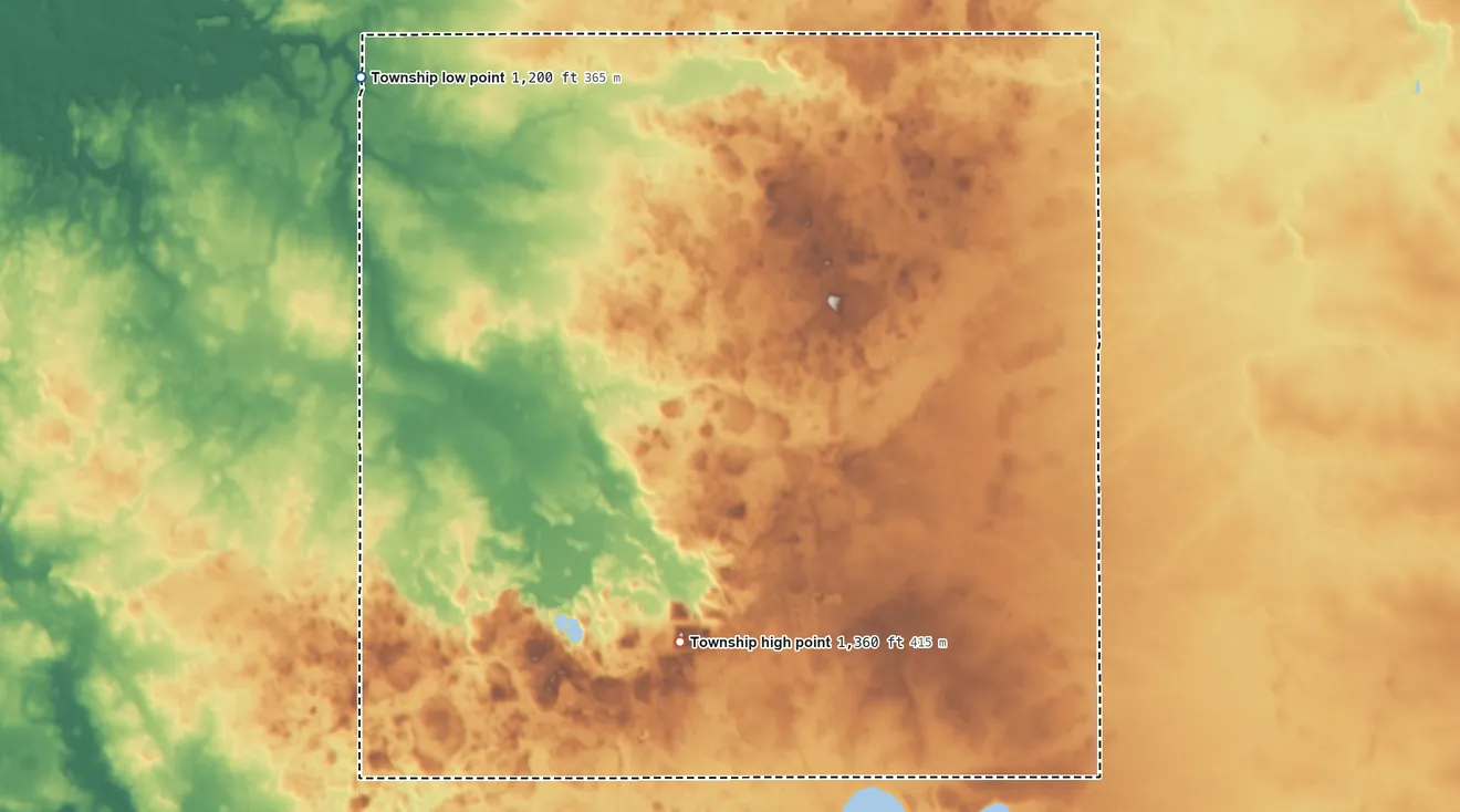 Topographic elevation map of Aurora Township, Minnesota, shaded from 1,200 ft on the northwest side to 1,360 ft on the south side