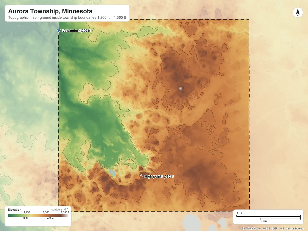 Topographic elevation map of Aurora Township, Minnesota, shaded from 1,200 ft on the northwest side to 1,360 ft on the south side