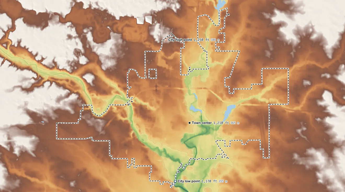 Topographic elevation map of Austin, Minnesota, shaded from 1,170 ft on the south side to 1,250 ft on the north side