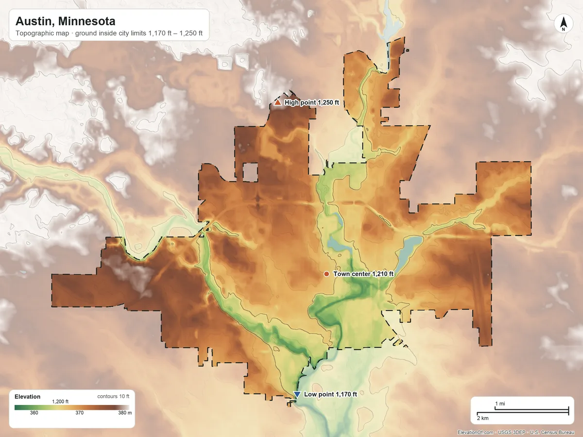 Topographic elevation map of Austin, Minnesota, shaded from 1,170 ft on the south side to 1,250 ft on the north side