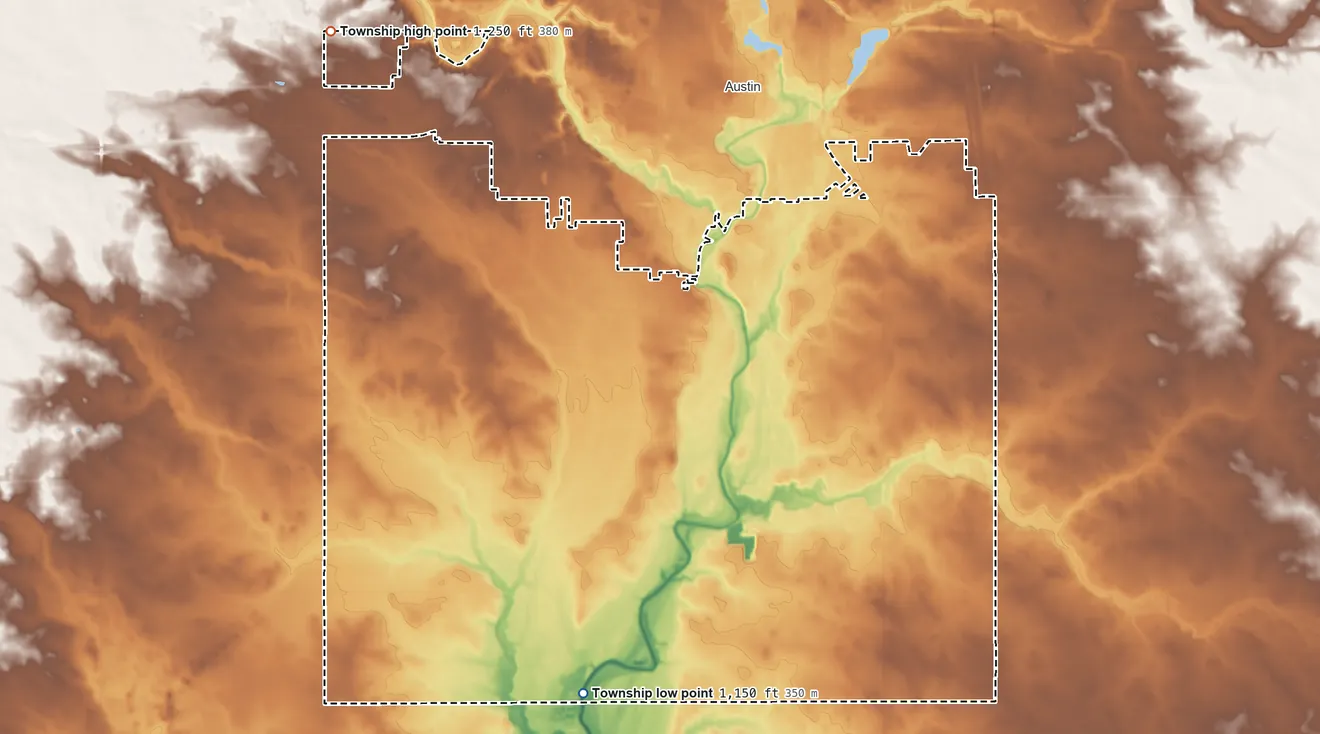 Topographic elevation map of Austin Township, Minnesota, shaded from 1,150 ft on the southwest side to 1,250 ft on the northwest side