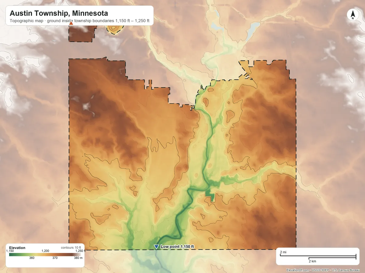 Topographic elevation map of Austin Township, Minnesota, shaded from 1,150 ft on the southwest side to 1,250 ft on the northwest side