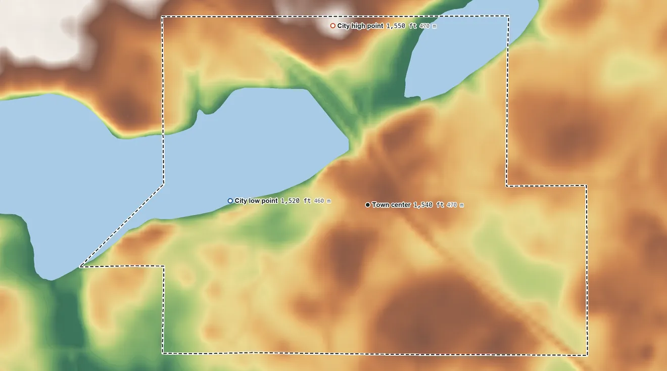 Topographic elevation map of Avoca, Minnesota, shaded from 1,520 ft on the west side to 1,550 ft on the north side