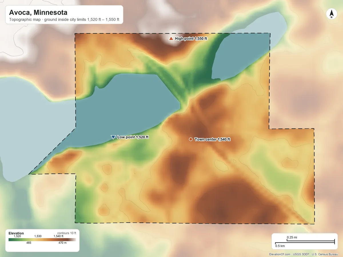 Topographic elevation map of Avoca, Minnesota, shaded from 1,520 ft on the west side to 1,550 ft on the north side