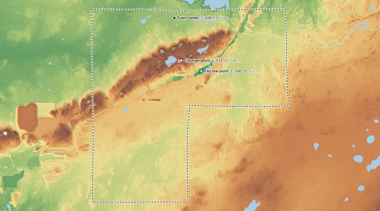 Topographic elevation map of Babbitt, Minnesota, shaded from 1,360 ft on the southeast side to 1,910 ft on the south side
